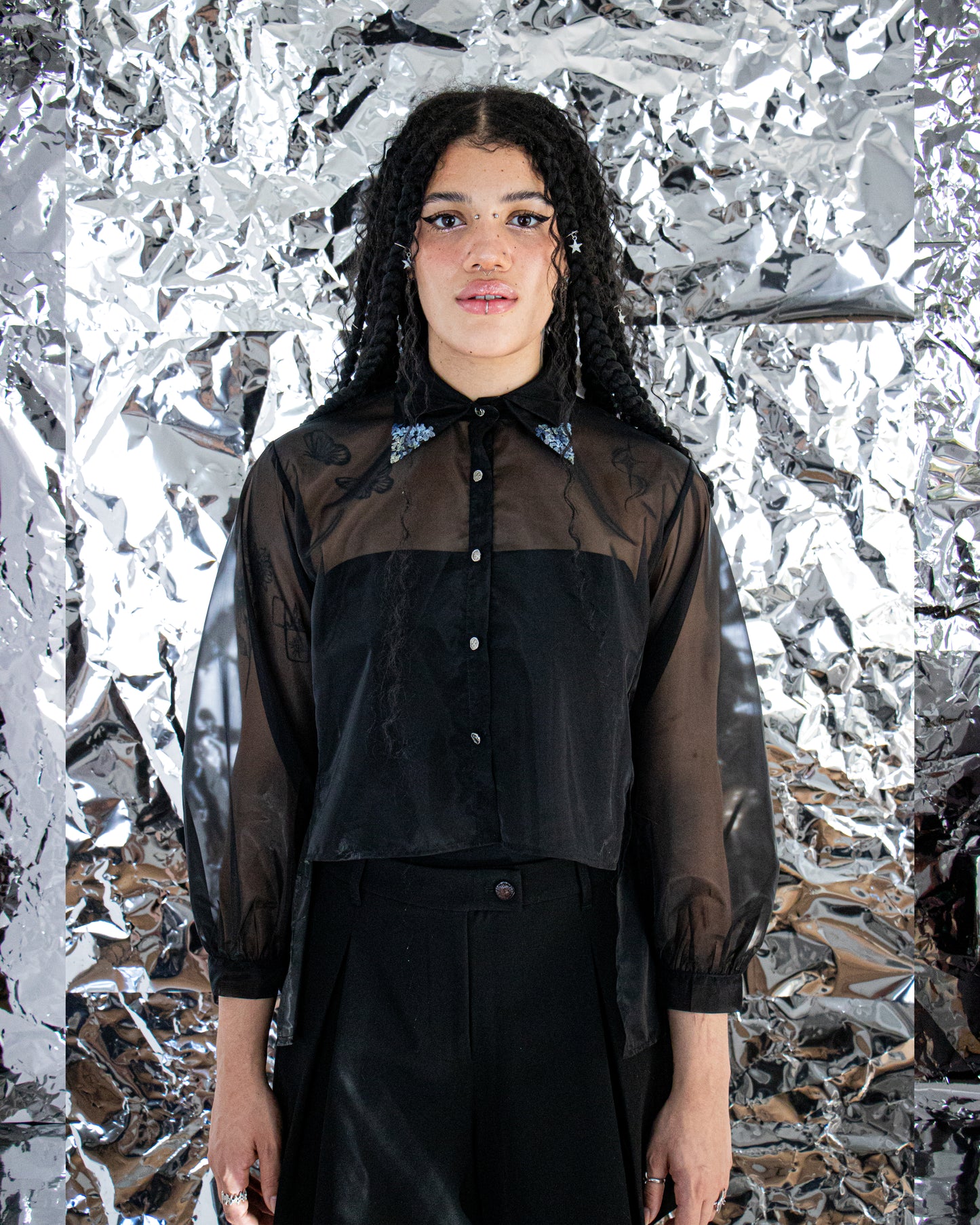 French Silk Ribbon Embroidery Organza Blouse - black