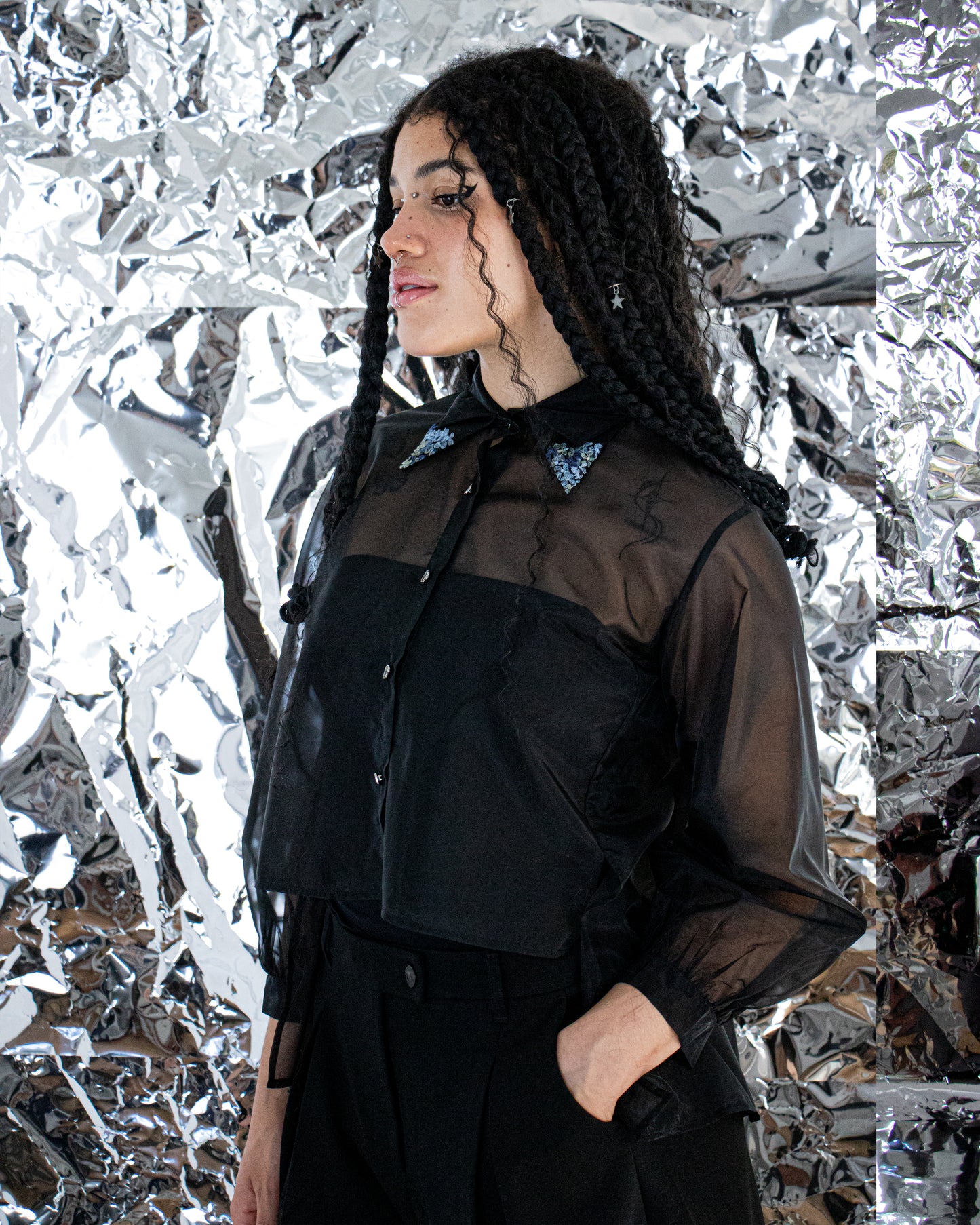 French Silk Ribbon Embroidery Organza Blouse - black
