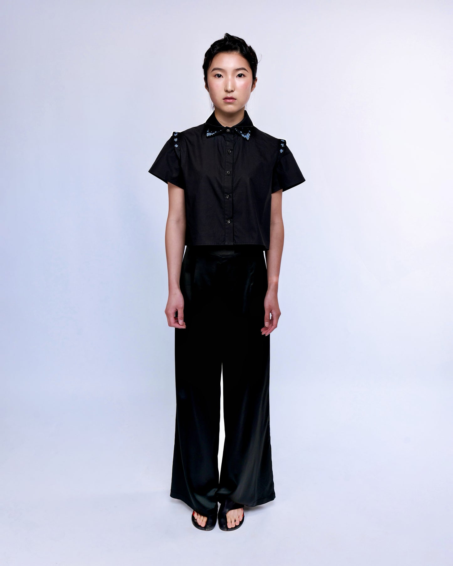 French Silk Ribbon Embroidery cropped Shirt - Black