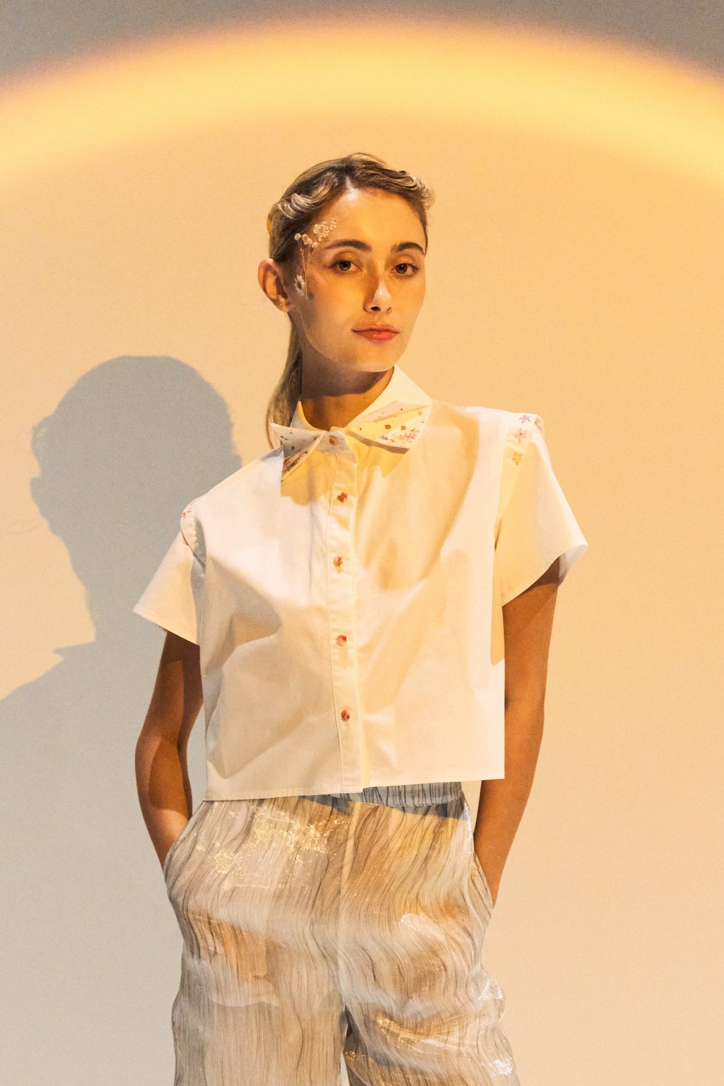 French Silk Ribbon Embroidery cropped Shirt - White