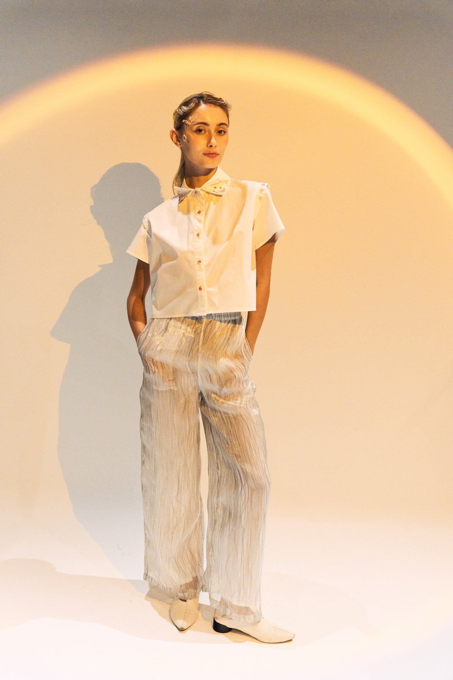 French Silk Ribbon Embroidery cropped Shirt - White