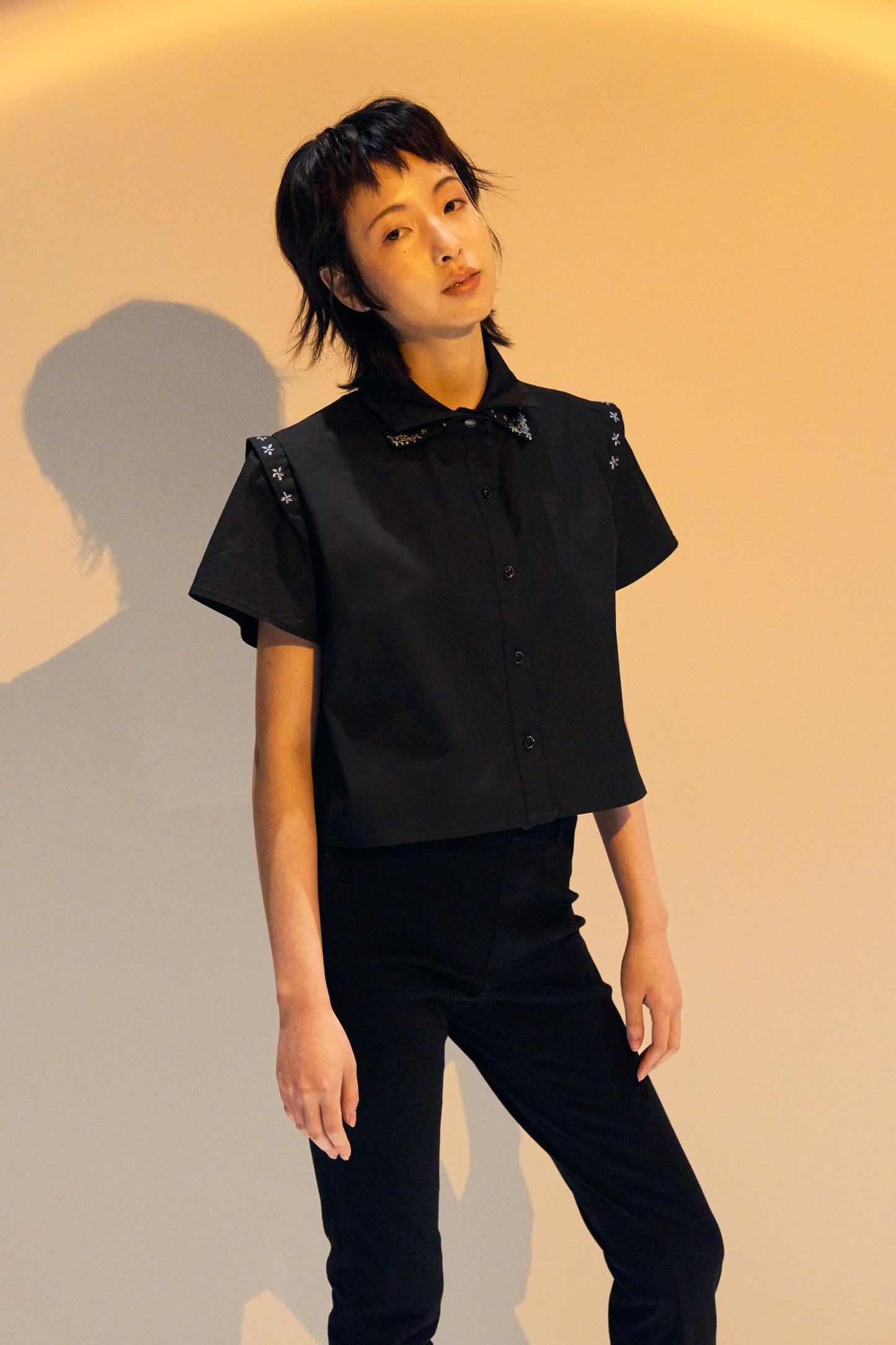 French Silk Ribbon Embroidery cropped Shirt - Black