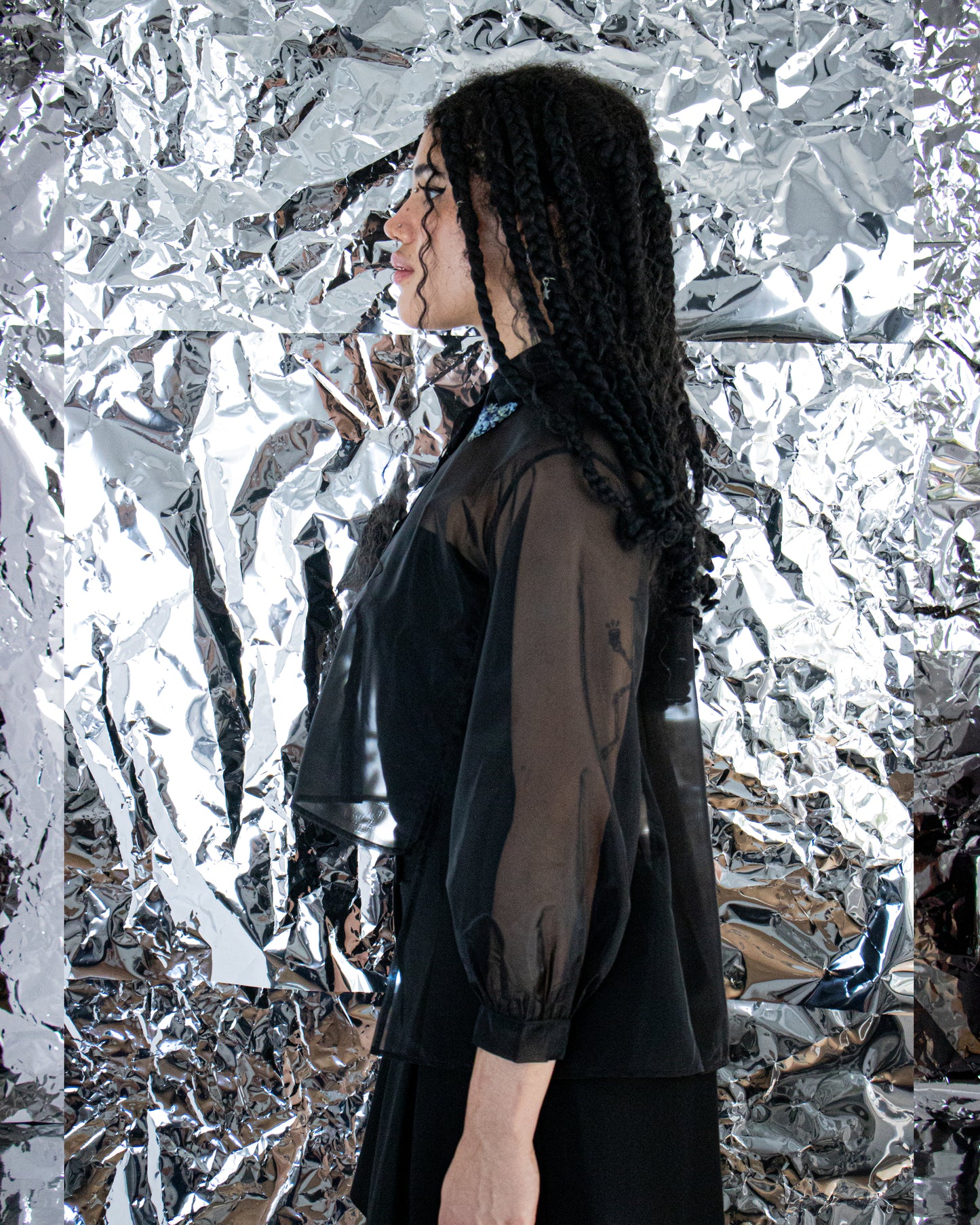 French Silk Ribbon Embroidery Organza Blouse - black