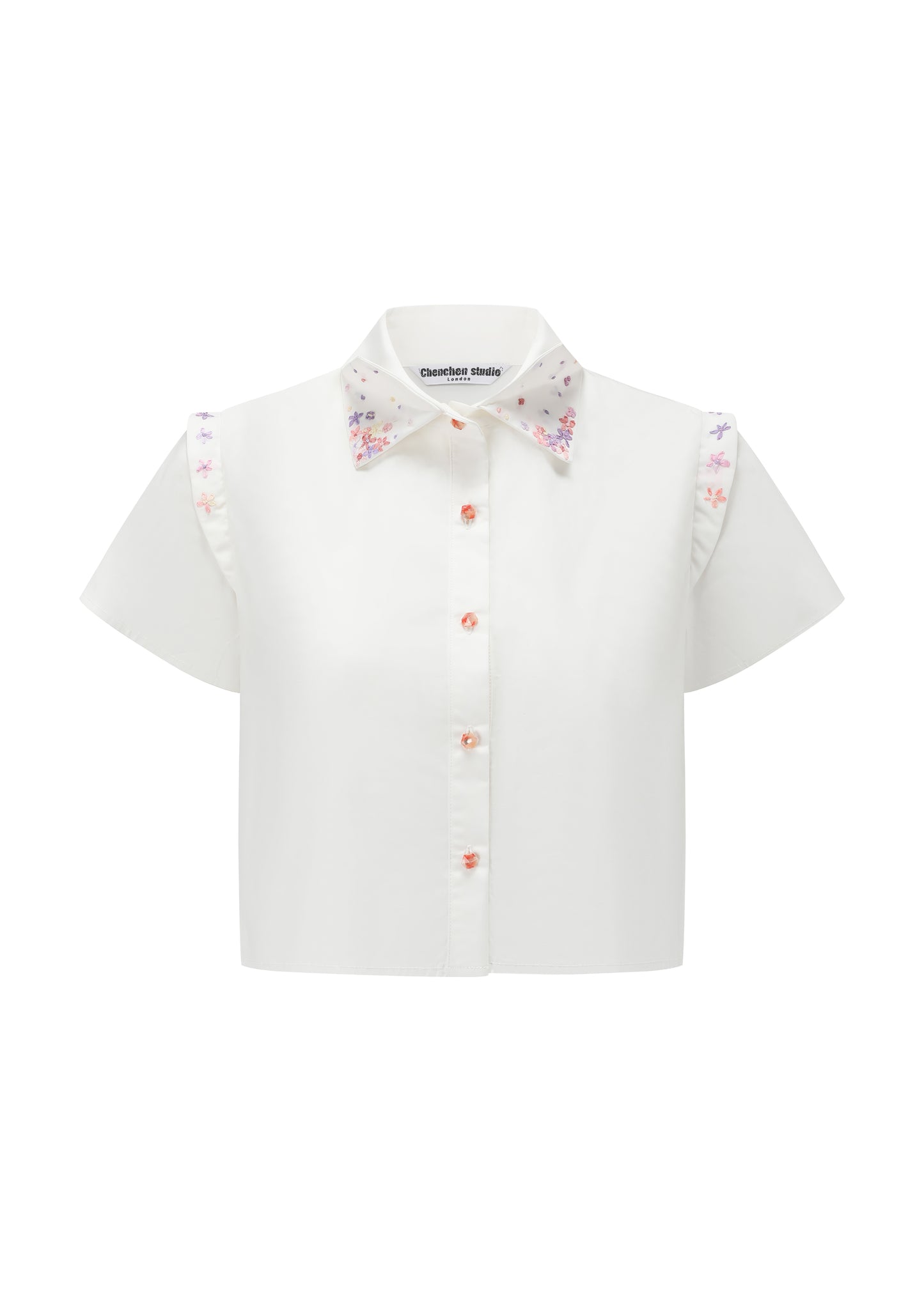 French Silk Ribbon Embroidery cropped Shirt - White