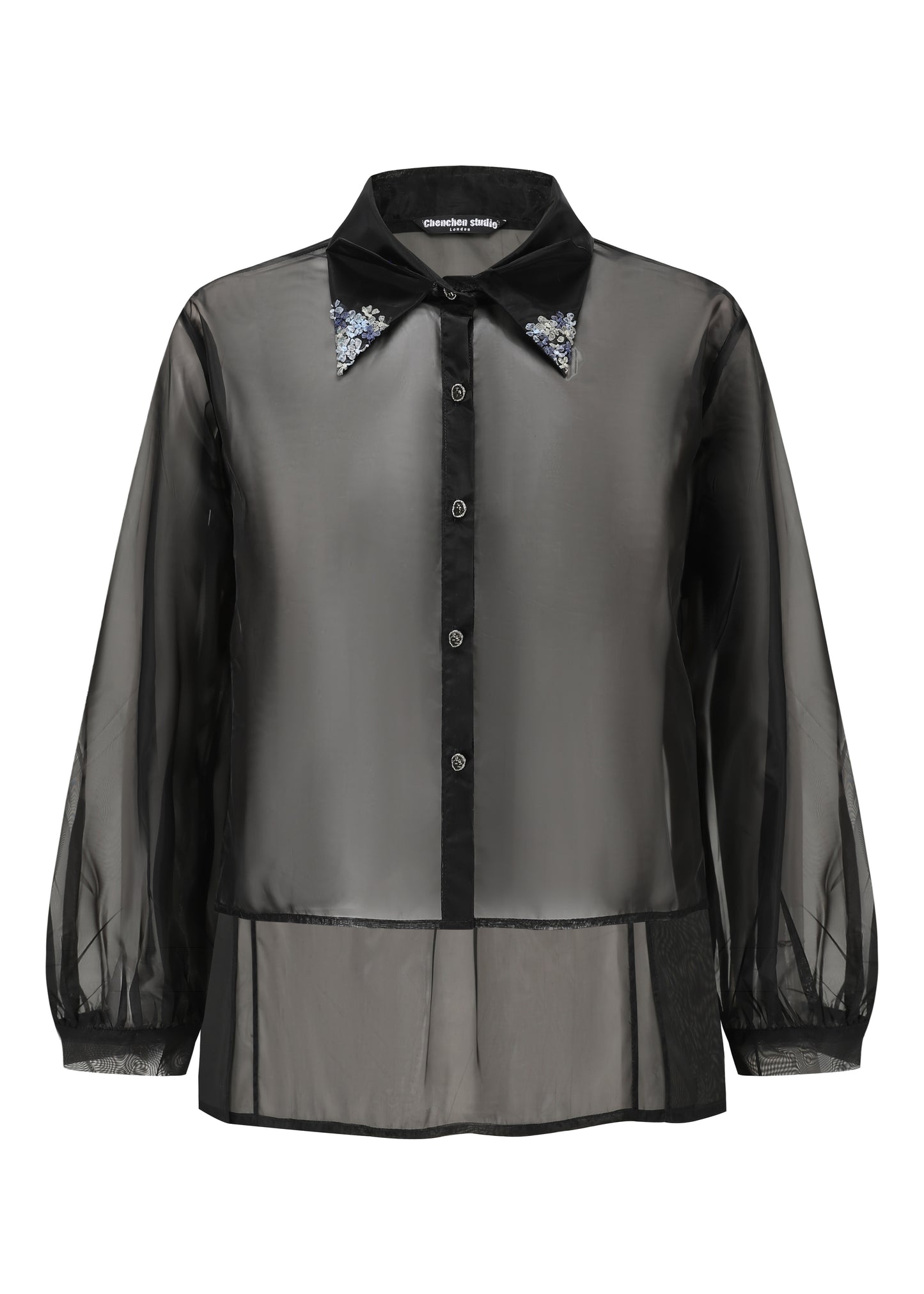 French Silk Ribbon Embroidery Organza Blouse - black