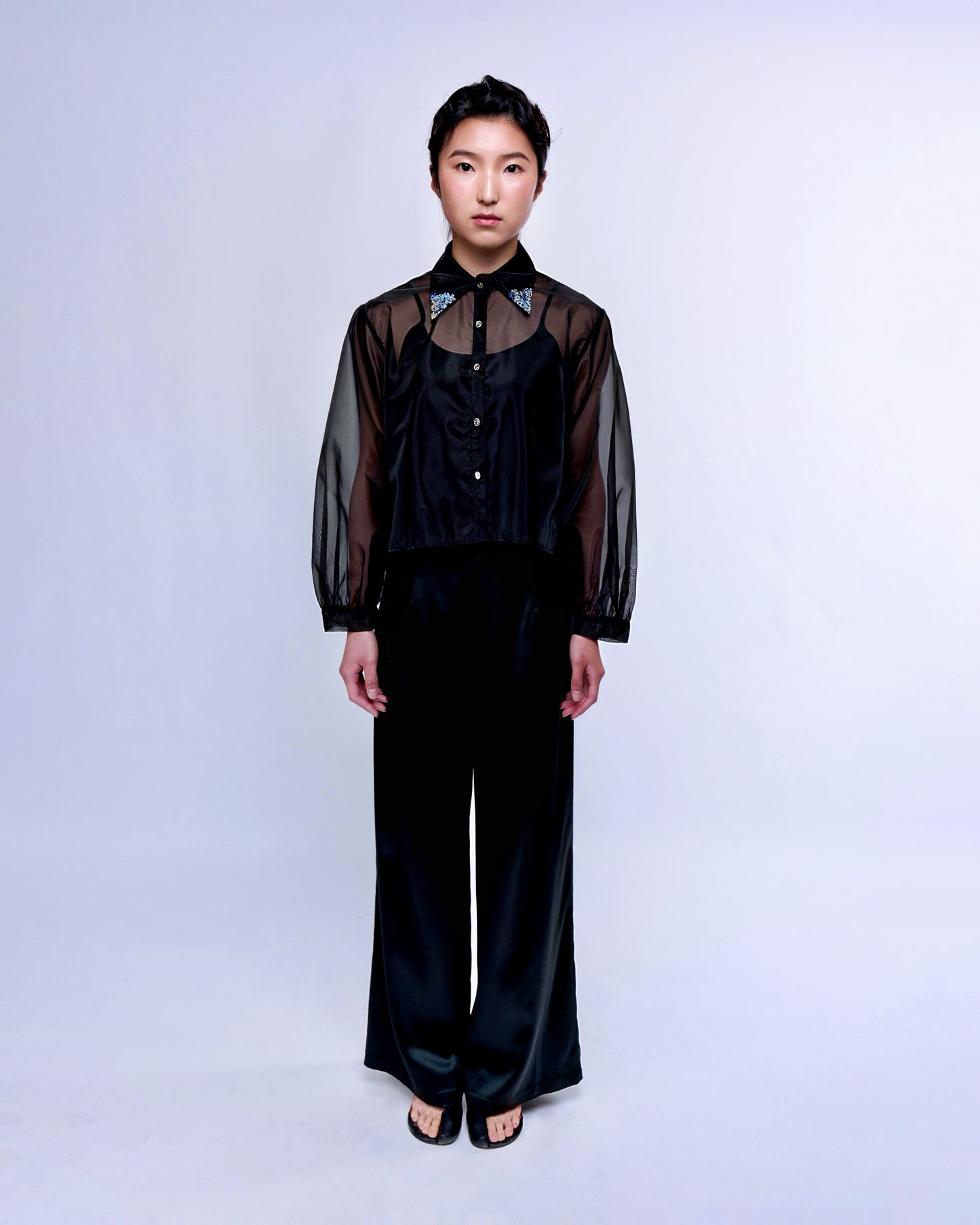 French Silk Ribbon Embroidery Organza Blouse - black