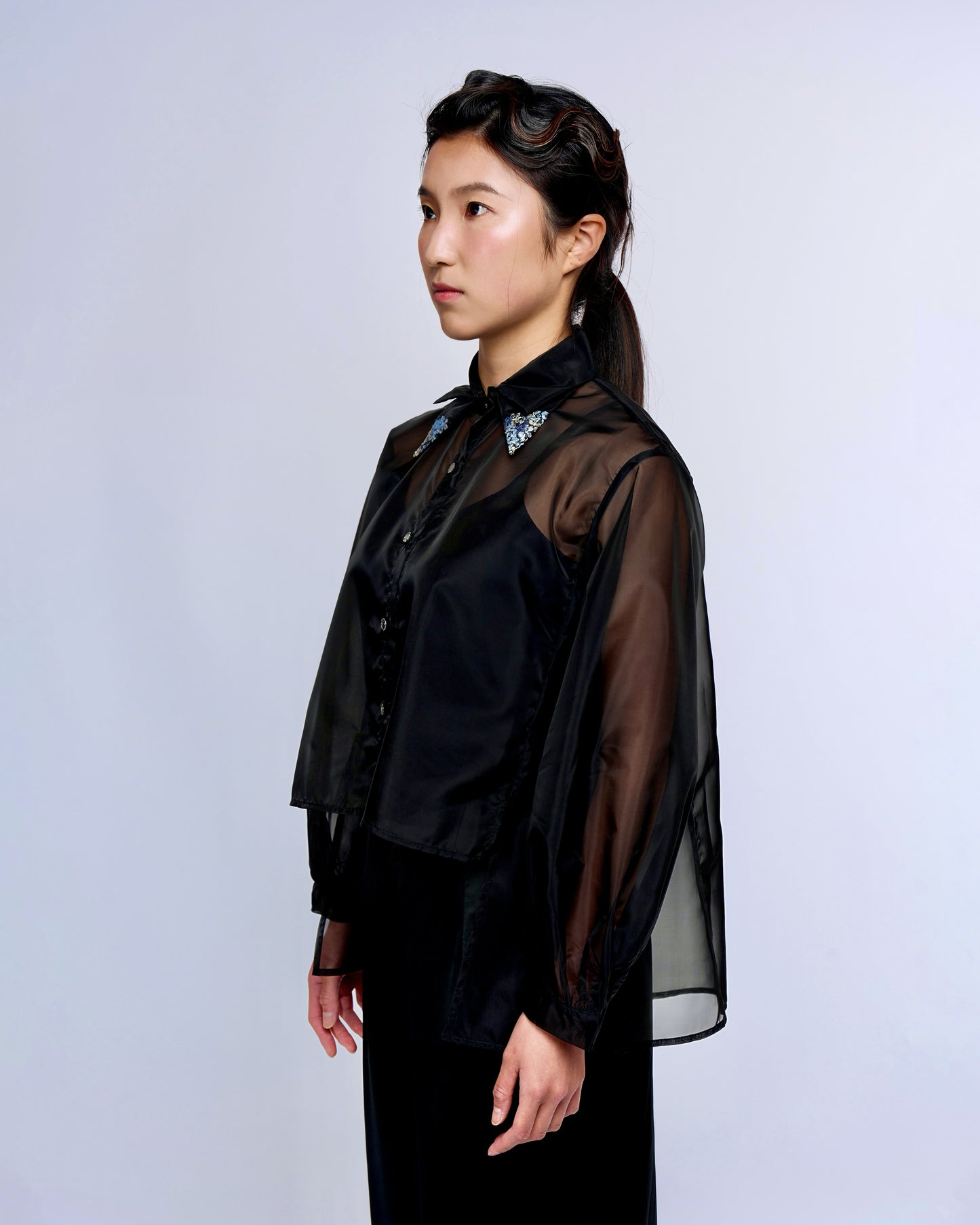 French Silk Ribbon Embroidery Organza Blouse - black