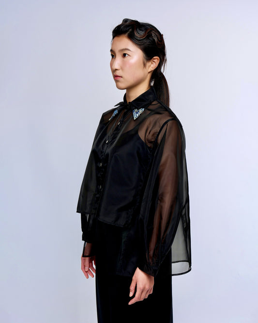 French Silk Ribbon Embroidery Organza Blouse - black