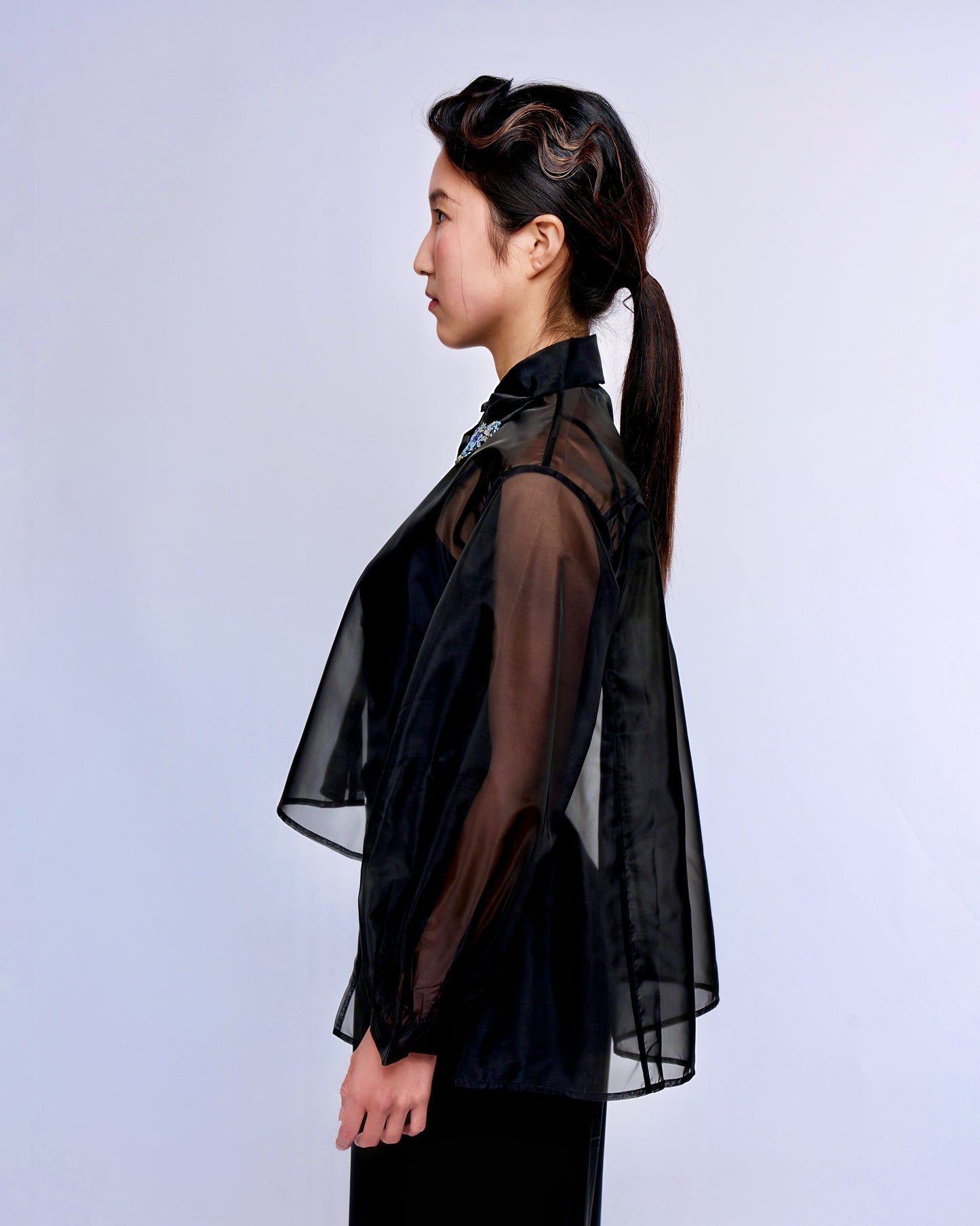 French Silk Ribbon Embroidery Organza Blouse - black