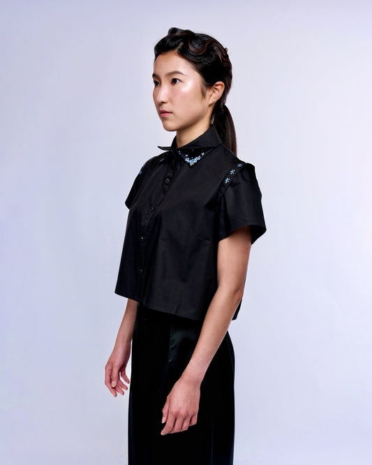 French Silk Ribbon Embroidery cropped Shirt - Black