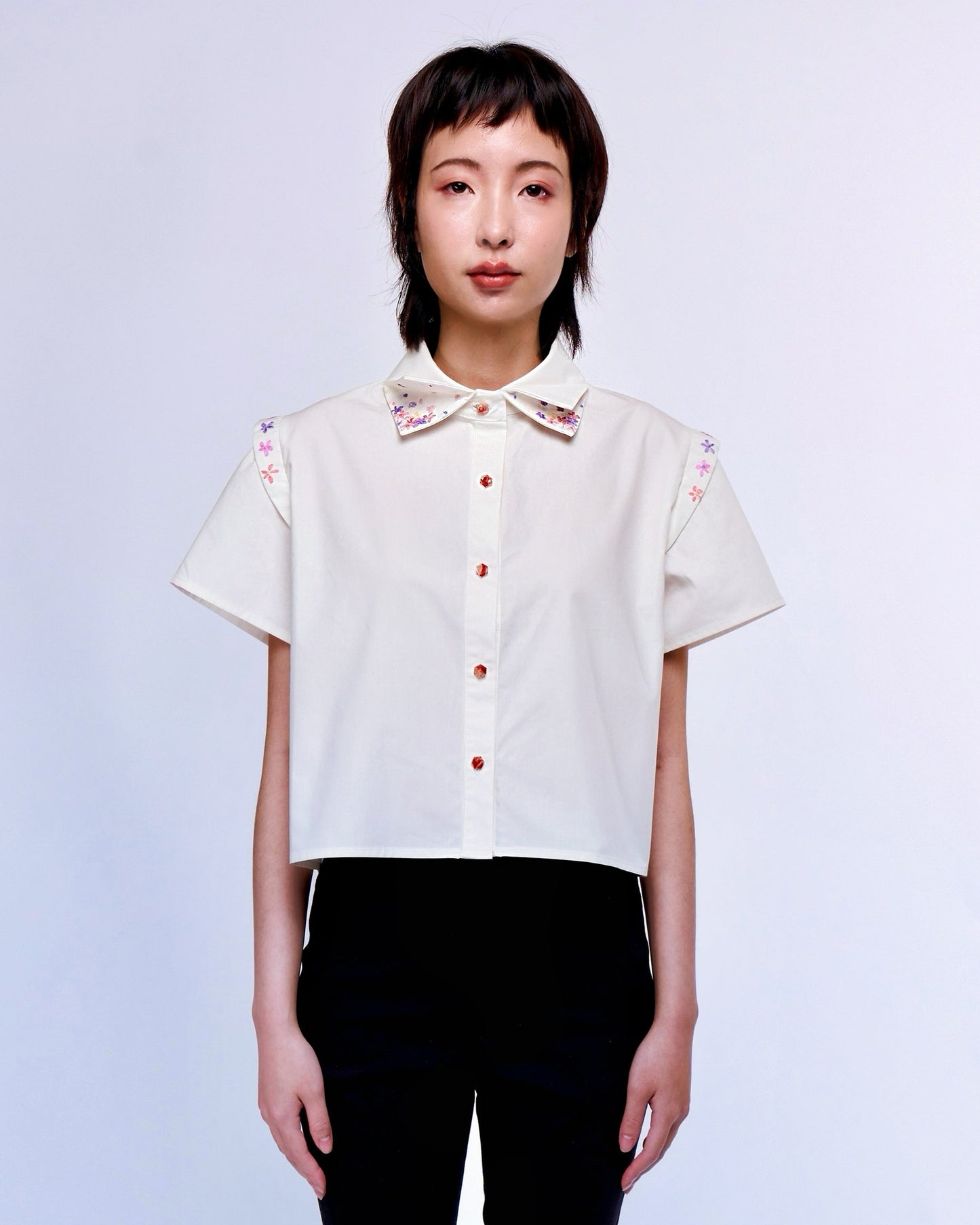 French Silk Ribbon Embroidery cropped Shirt - White