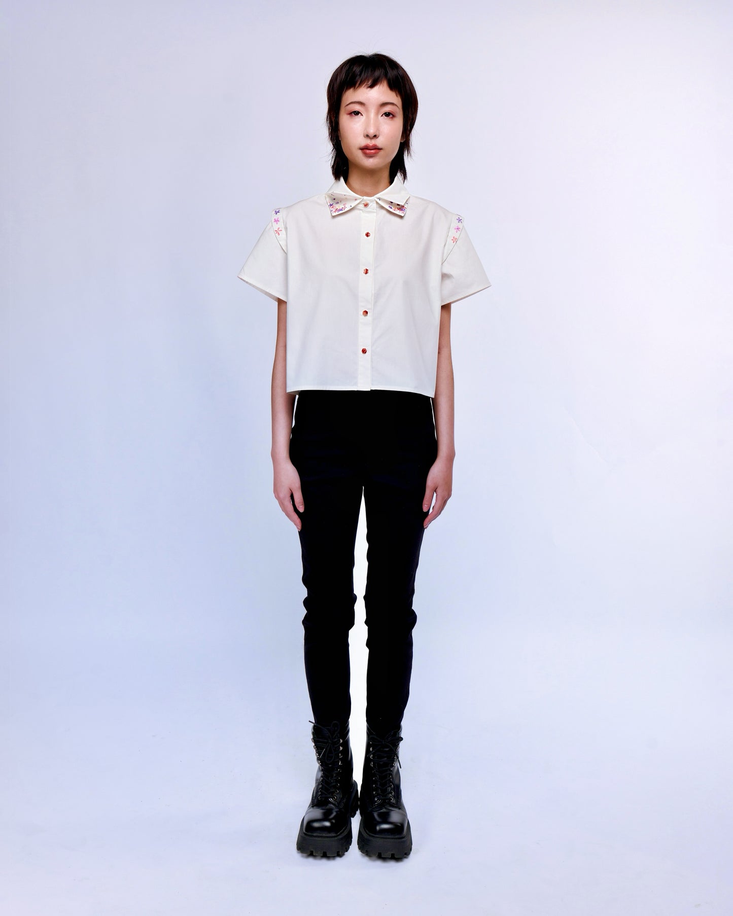 French Silk Ribbon Embroidery cropped Shirt - White