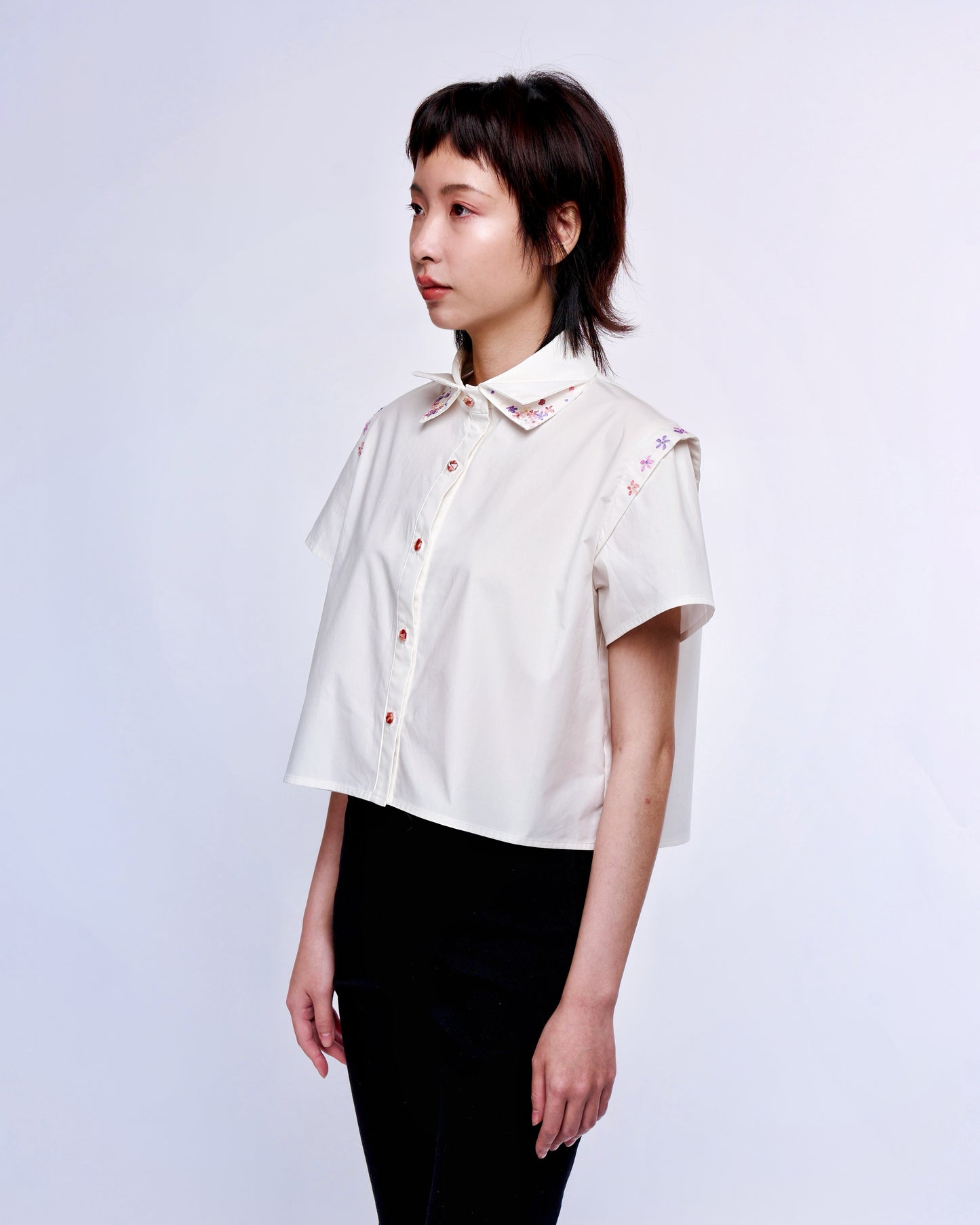 French Silk Ribbon Embroidery cropped Shirt - White
