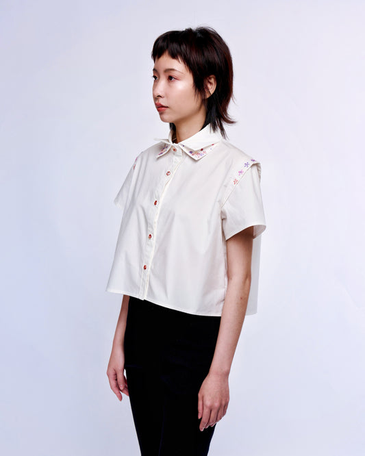French Silk Ribbon Embroidery cropped Shirt - White