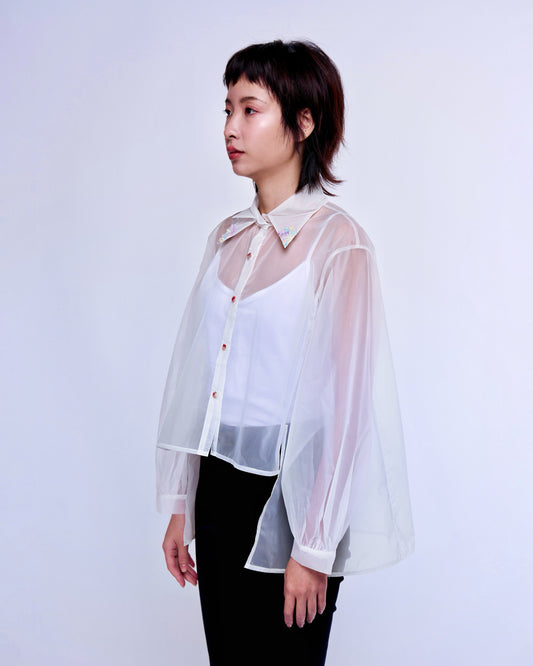 French Silk Ribbon Embroidery Organza Blouse - white